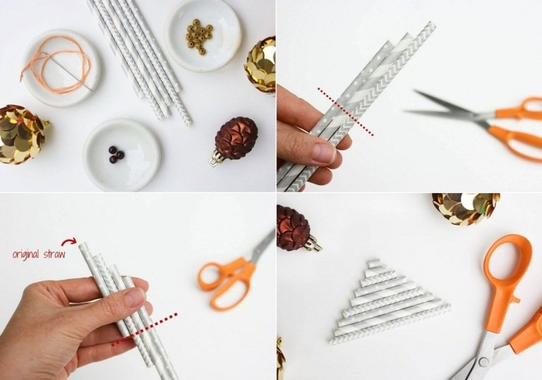 Instruções de artesanato com rolos de papel artesanal fino e um padrão de Natal