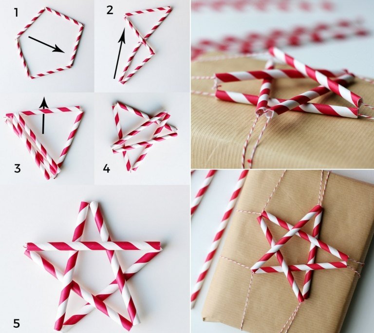 Embrulhe os presentes de Natal e decore-os com uma estrela feita de rolos de papel