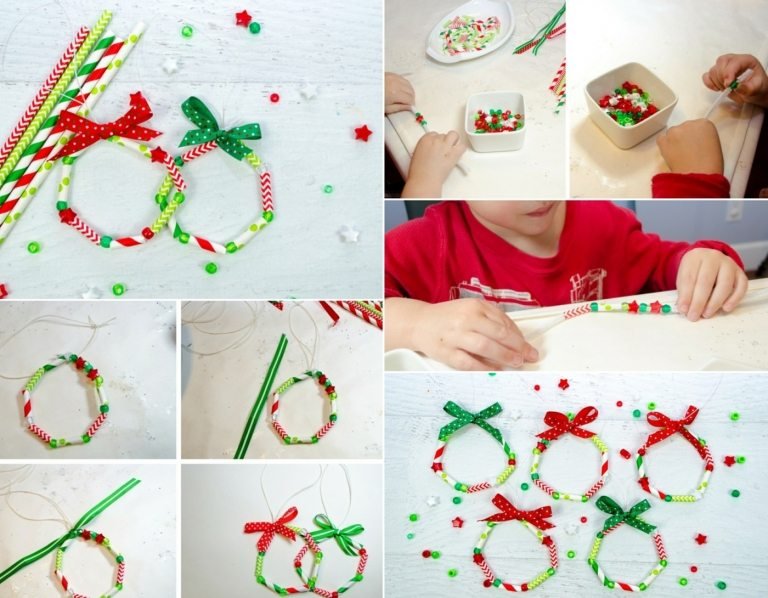 Idéia de artesanato para crianças - pequenas grinaldas em cores de Natal e com pérolas