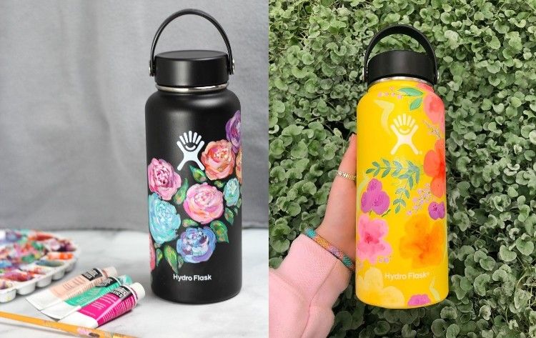 As garrafas de bebida feitas de metal ou vidro são pintadas com motivos florais