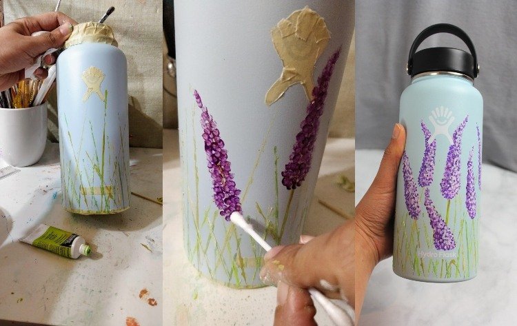 Idéias para pintar garrafas Desenhe padrões de flores com pontos