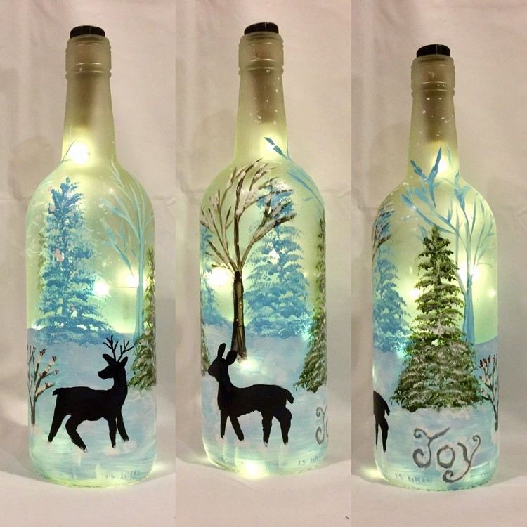 Pinte as garrafas iluminadas com motivos de inverno