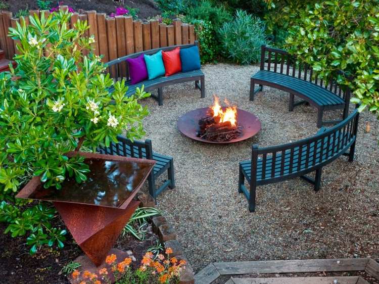 banco de fogueira de fogueira acolchoado almofadas coloridas ideias de jardim relaxamento