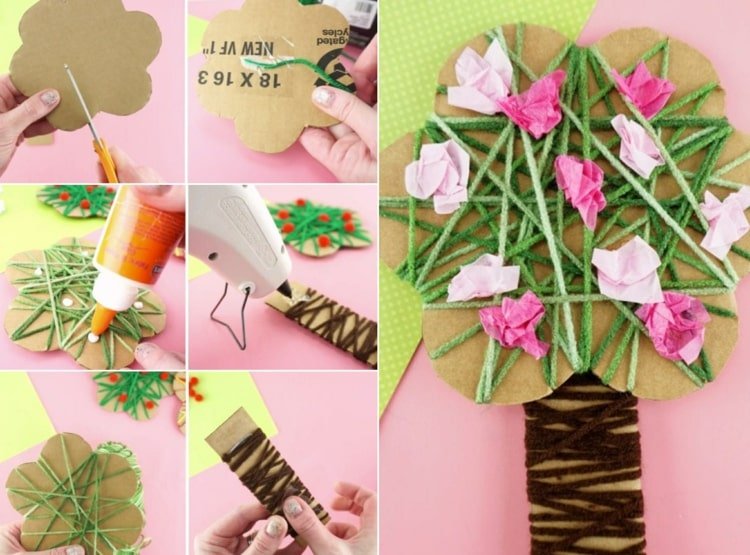 Árvore da primavera para artesanato de primavera com crianças do ensino fundamental com flores feitas de papel de seda