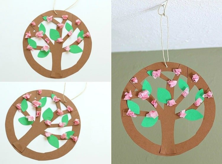 Decoração DIY para pendurar com as crianças a mexer na primavera - árvore em anel