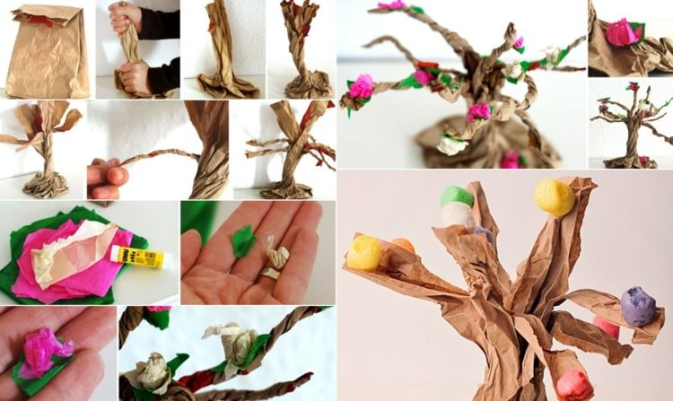 Faça uma árvore de papel e decore-a com flores de papel, pompons ou plasticina
