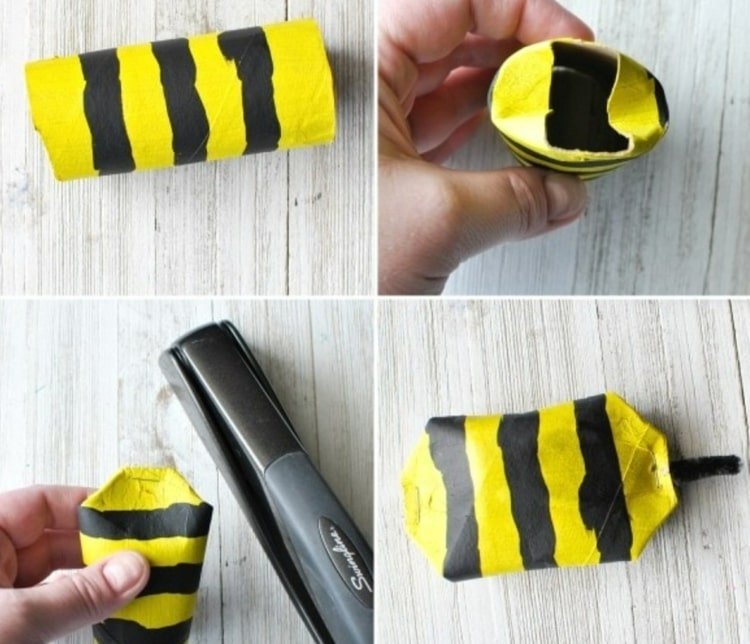 Pinte o rolo de papel higiênico de amarelo e preto e dê forma a uma abelha