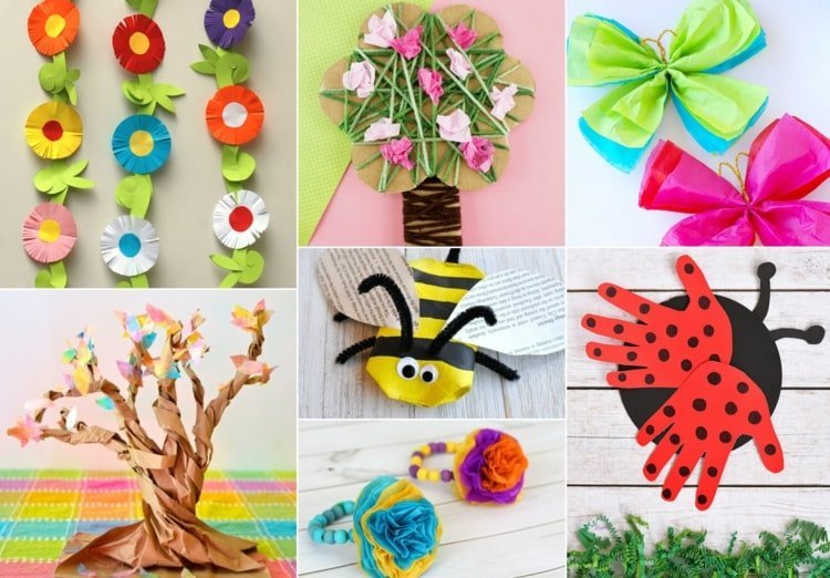 Artesanato de primavera com crianças do ensino fundamental - flores, insetos e árvores feitas de papel
