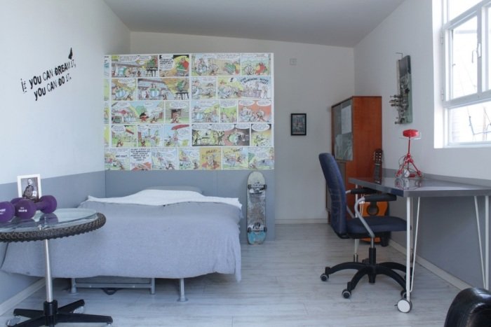 Quarto-para-meninos-paredes-design-quadrinhos-divisória-parede-design-decorações de meninos