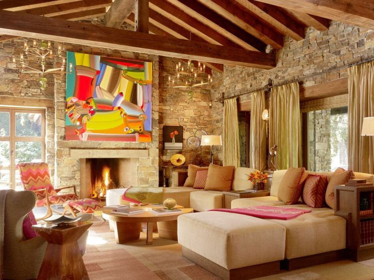 ideias de design de interiores sala de estar de madeira rústica lareira com parede colorida