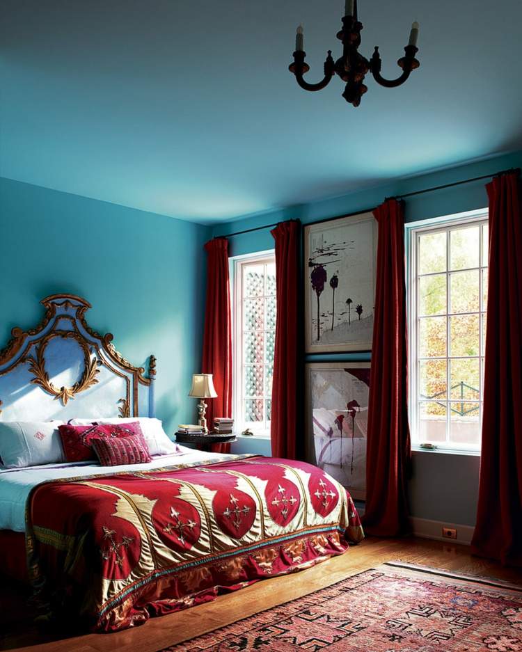idéias de decoração de interiores design de quarto marroquino tapete azul claro vermelho