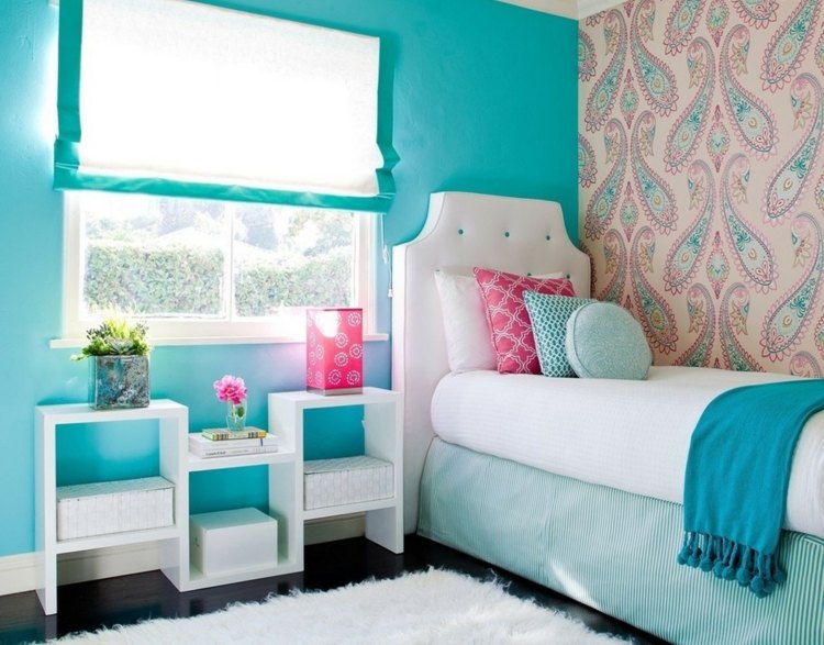 ideias interior pastel estilo praia turquesa rosa claro branco cama estante de mesa de cabeceira