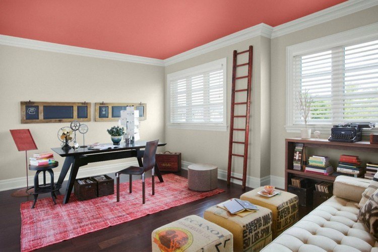 decoração de interiores cor coral teto carpete banquinho rosa estilo de rua escada sala de estar