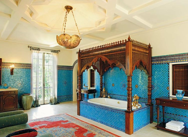 ideias banheiro mobiliário marroquino oriental madeira banheira tapete