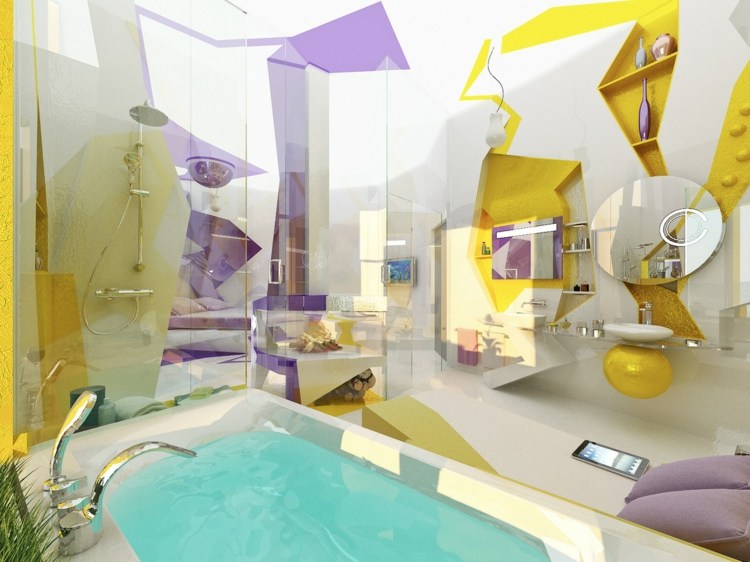 idéias de design de interiores banheiro amarelo branco azulejos roxos banheira estilo geométrico