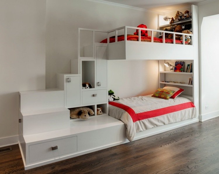 quarto infantil-camas-loft-branco-espaço de armazenamento integrado
