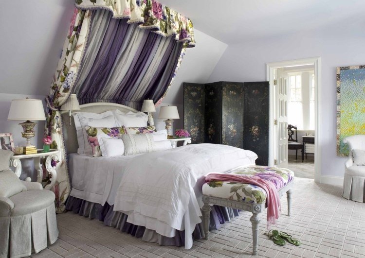 cama-cortina-motivos-florais-púrpura-rosa-quarto de menina