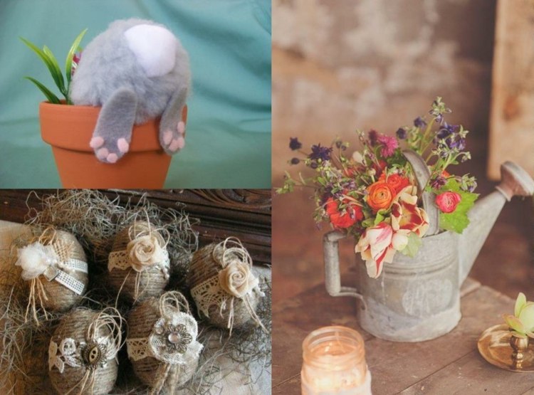 Ovos decorados com coelhinho em um vaso de flores