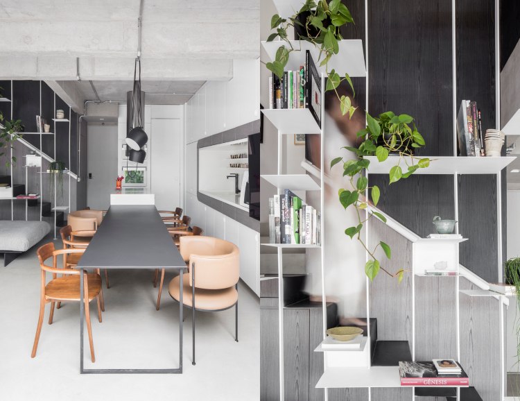 Projete uma sala de jantar moderna em preto, branco e cinza