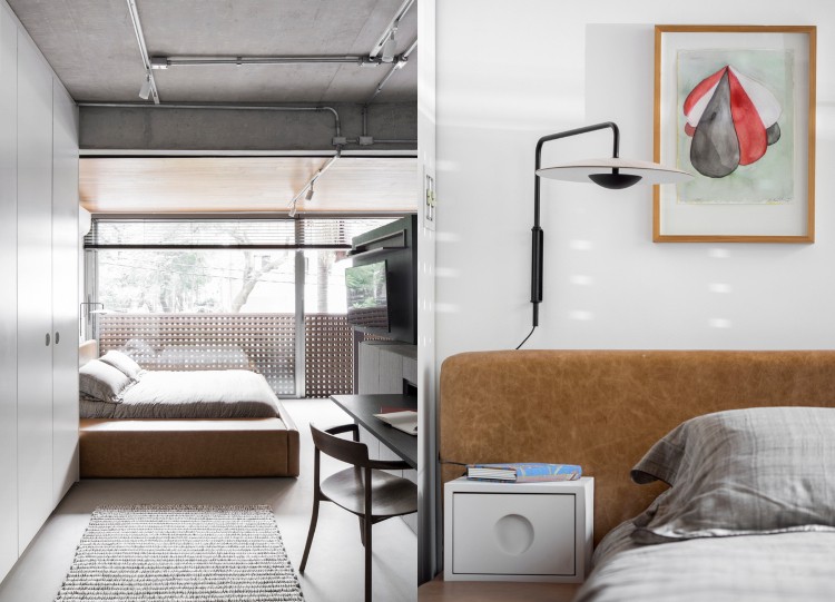 Mobília um quarto moderno em cores com uma cama forrada de couro
