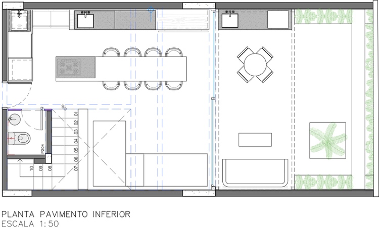 Esboço da sala de estar com cozinha com área de jantar adjacente e terraço coberto