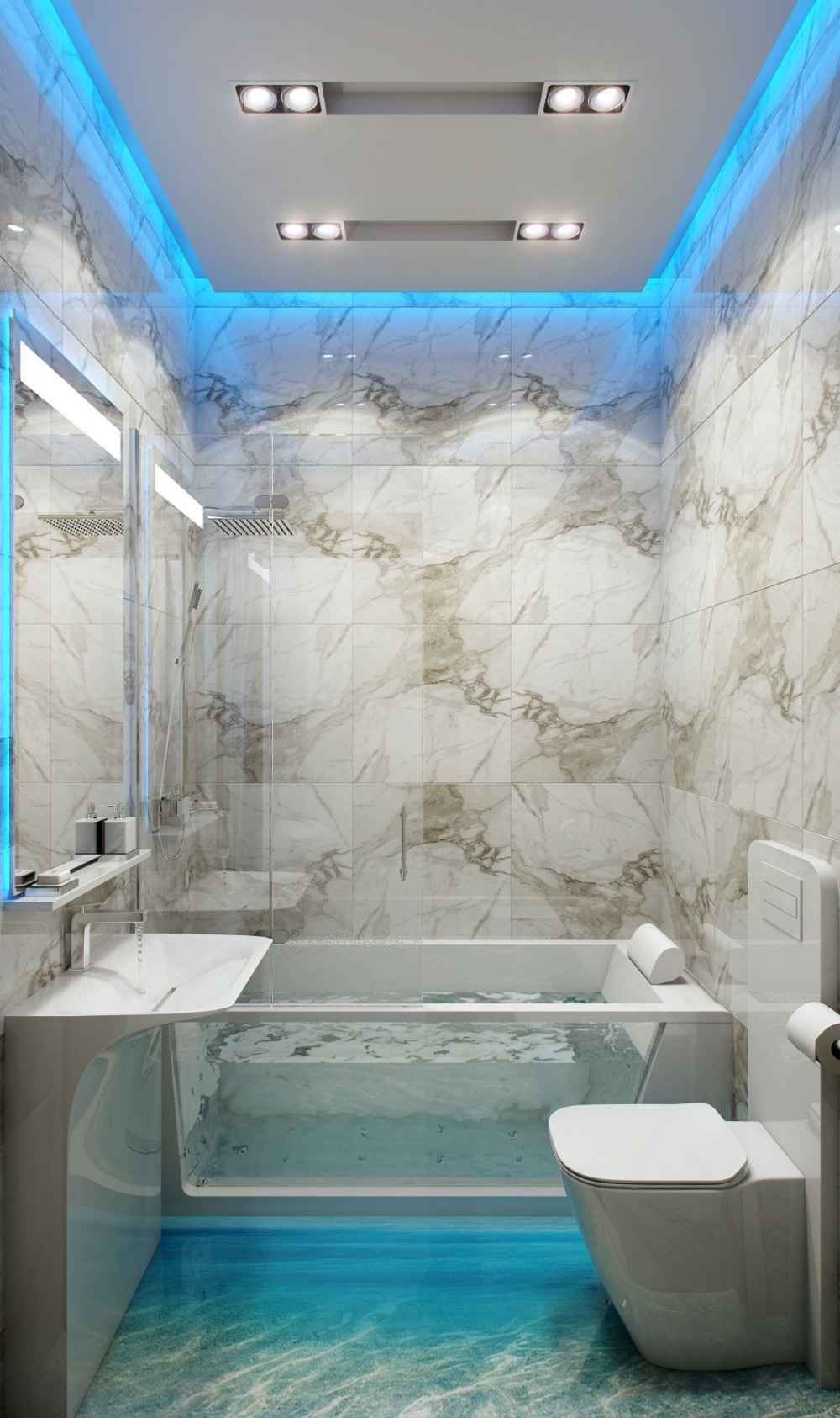 banheiro com azulejos iluminação de teto com luz azul indireta transparente