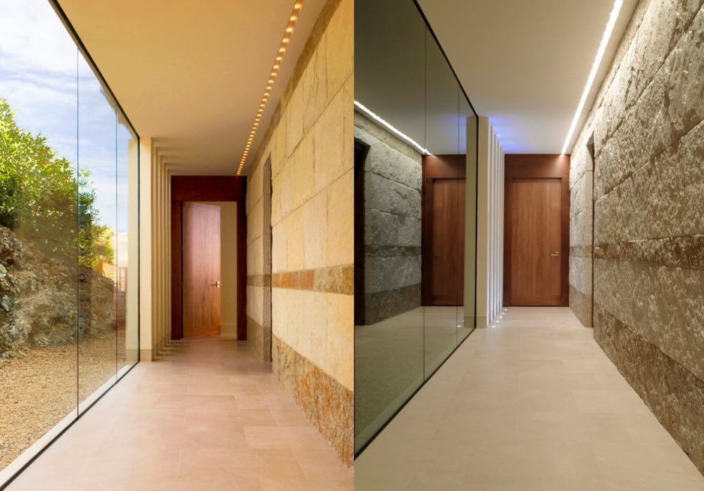 design de interiores com iluminação sutil de corredor faixas de luz LED no teto acima de uma parede de pedra