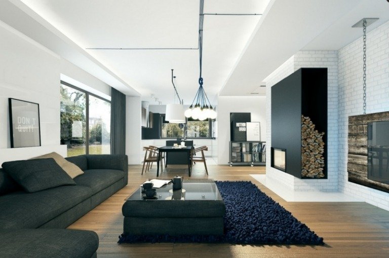 Iluminação indireta LED - sala suspensa-teto-preto-branco-piso de madeira