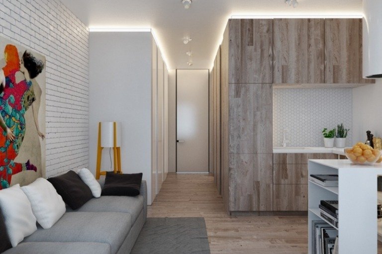 iluminação indireta-led-teto-pequeno-apartamento-cozinha de madeira