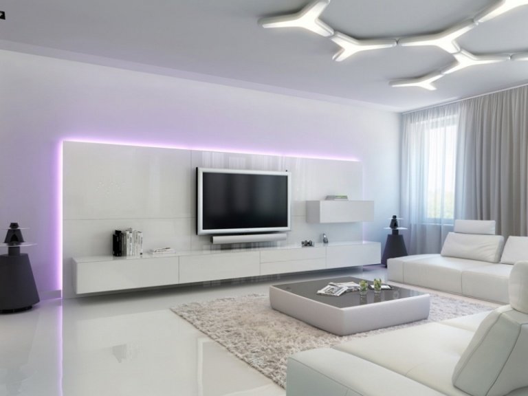 iluminação indireta LED violeta-luz-atrás-da-televisão-mobília branca