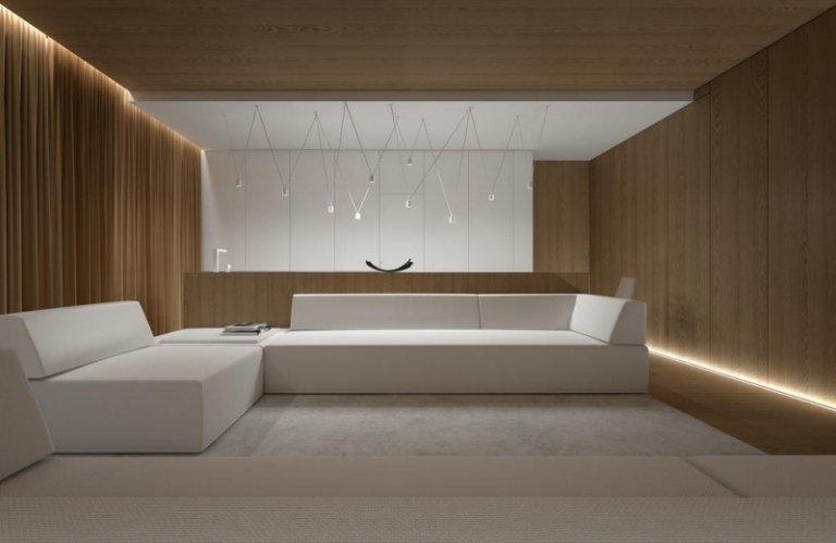 iluminação indireta-led-sala de estar-moderno-branco-móveis-madeira-revestimento de parede