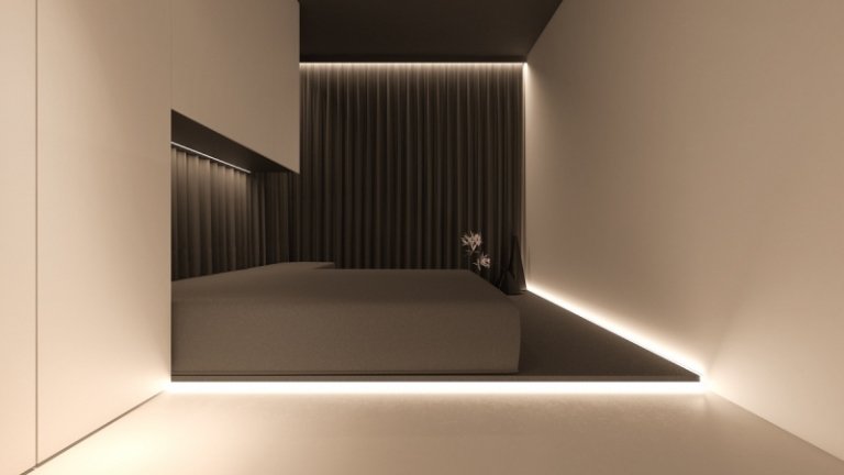 iluminação indireta-led-embaixo da cama-quarto-minimalista-preto-branco