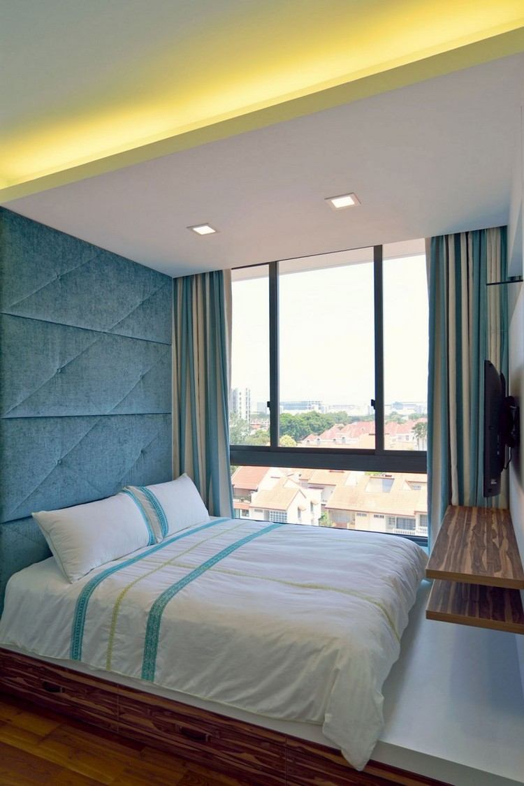 iluminação indireta-led-quarto-teto-forrado de parede turquesa