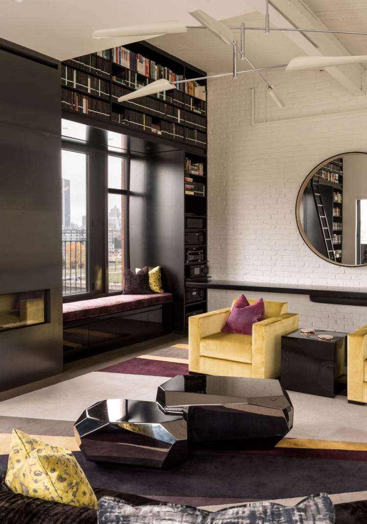 Chique industrial -luxury-loft-apartamento-sala-preto-branco-amarelo-berinjela