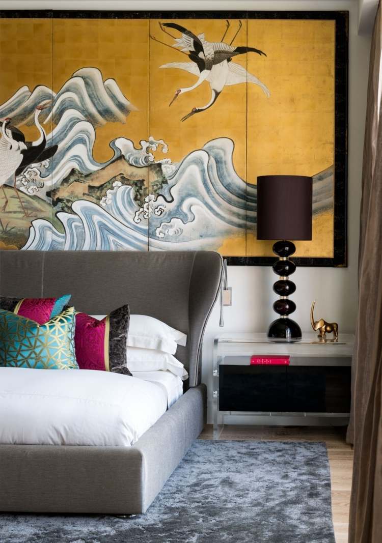 industrial-chique-luxo-loft-apartamento-quarto-parede-decoração-arte-japonesa-estofamento-veludo