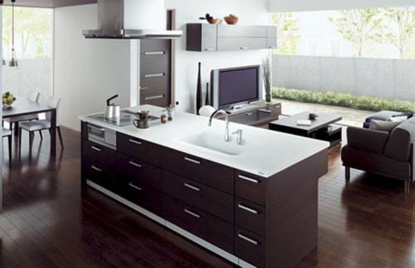moderna-marrom-cozinha-ilha-sala de estar