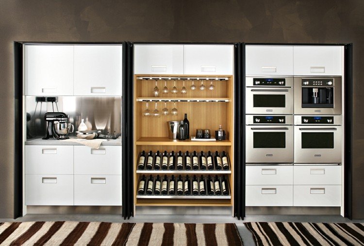 cozinha com prateleiras para vinhos, passatempo moderno, cozinha parede ótica de concreto