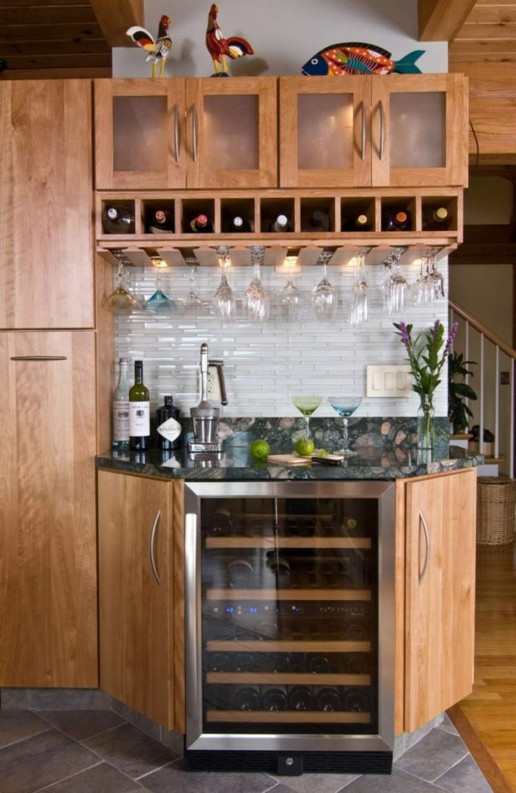 cozinha rack de vinhos pequena ideia balcão refrigerador coquetéis