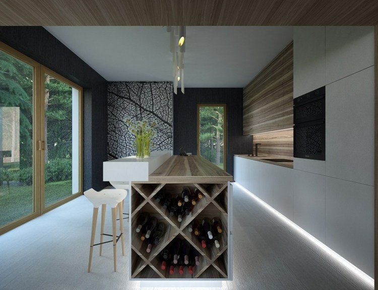 rack de vinho na cozinha iluminação indireta minimalista em forma de cruz