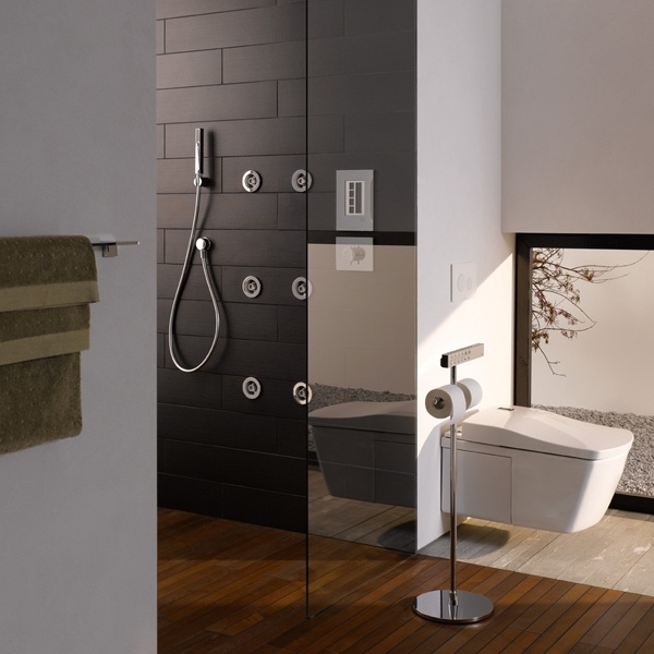 Banheiro projetado com box de chuveiro no Japão e toalete com design Toto