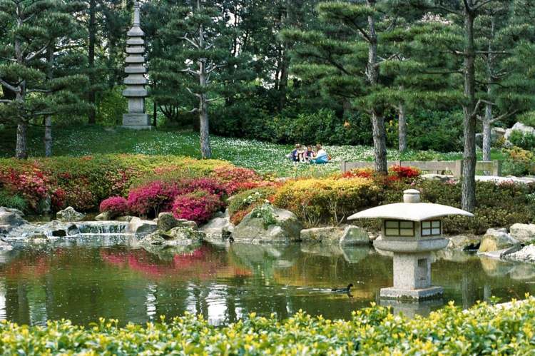 Crie ideias de jardim japonês-pinheiro-verde-água-lagoa-pedra pagode-pedra lanterna-arbustos-colorido