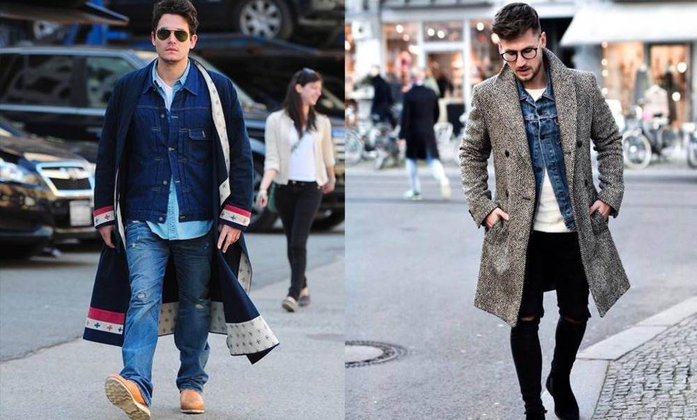 casaco com combinação de jaqueta jeans para homem, look moderno, street wear