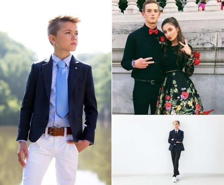 Ideias para roupas de consagração juvenil com paletó e calça branca, vestido floral e terno preto