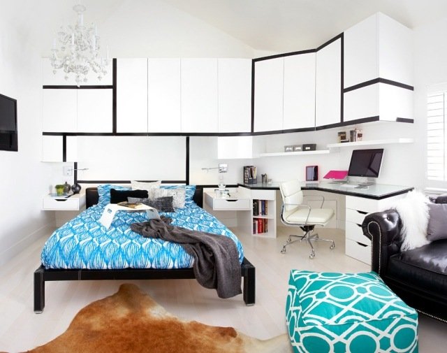 Roupa de cama juvenil branco-azul armários sem maçanetas-Dupuis-Design