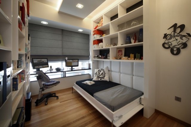 luz de teto embutida quarto cama dobrável design de interior vertical sistema de prateleiras mesa