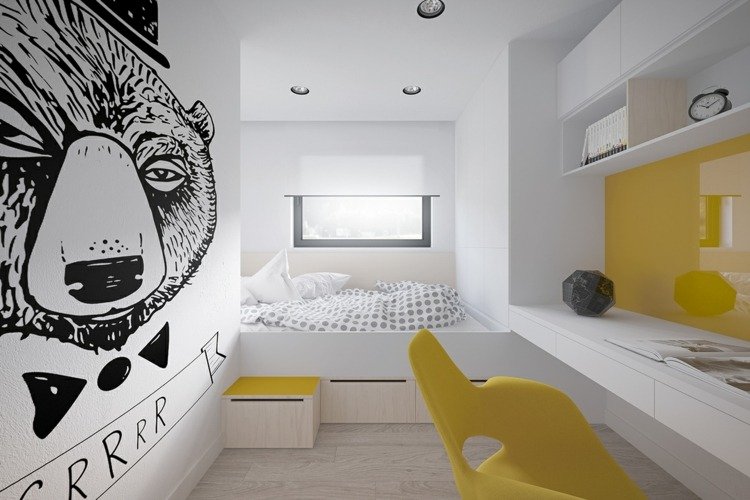 Móveis de quartos juvenis minimalistas-branco-amarelo-mural de alto brilho