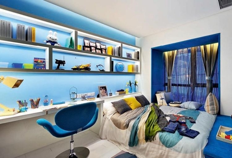 quarto-jovem-cor-design-menino-azul-marinho-amarelo-led