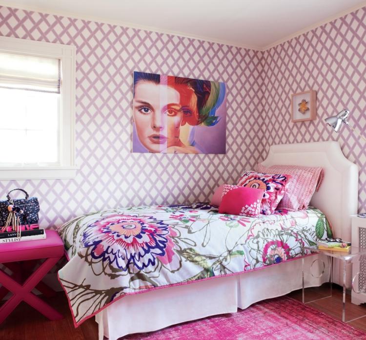 quarto-jovem-cor-design-menina-padrão-papel de parede-losango-rosa-lilás