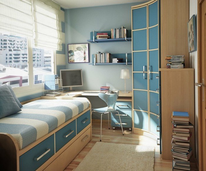quarto azul com detalhes em branco