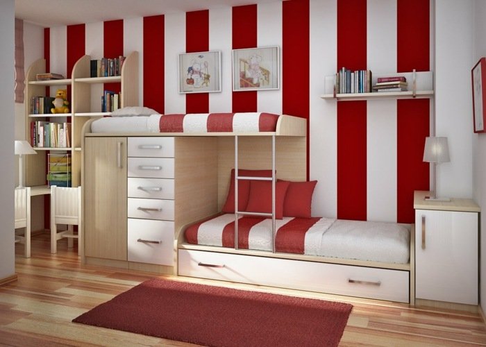 padrão listrado-vermelho-branco-quarto-jovem-com-duas-camas